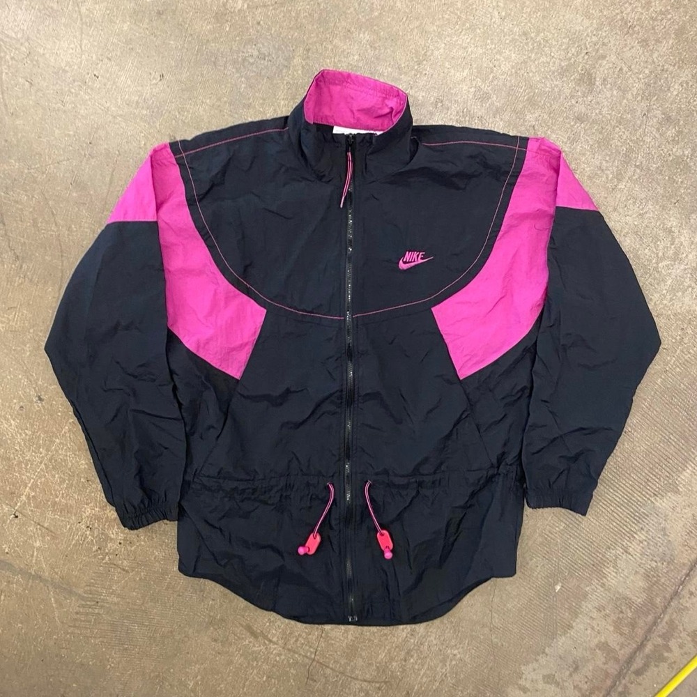 Vintage Nike 90s Women's Full Zip Black Pink Windbreaker Jacket Size Medium